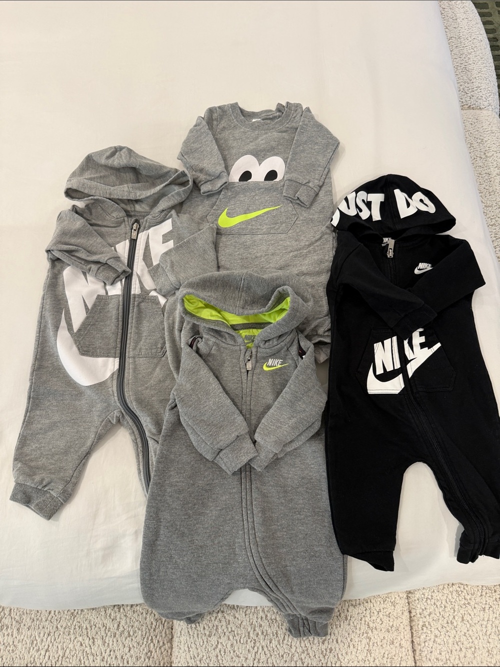 Nike Grey & Black Baby Hooded One-Piece Rompers with Neon Accent